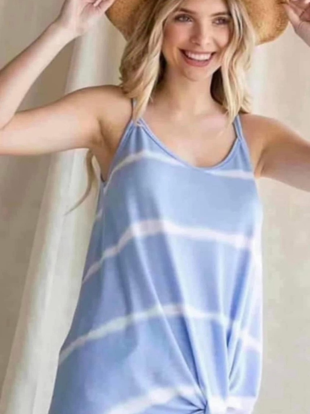 7th Ray Light Blue & White Striped Tie-Dye Tank with Front Knot